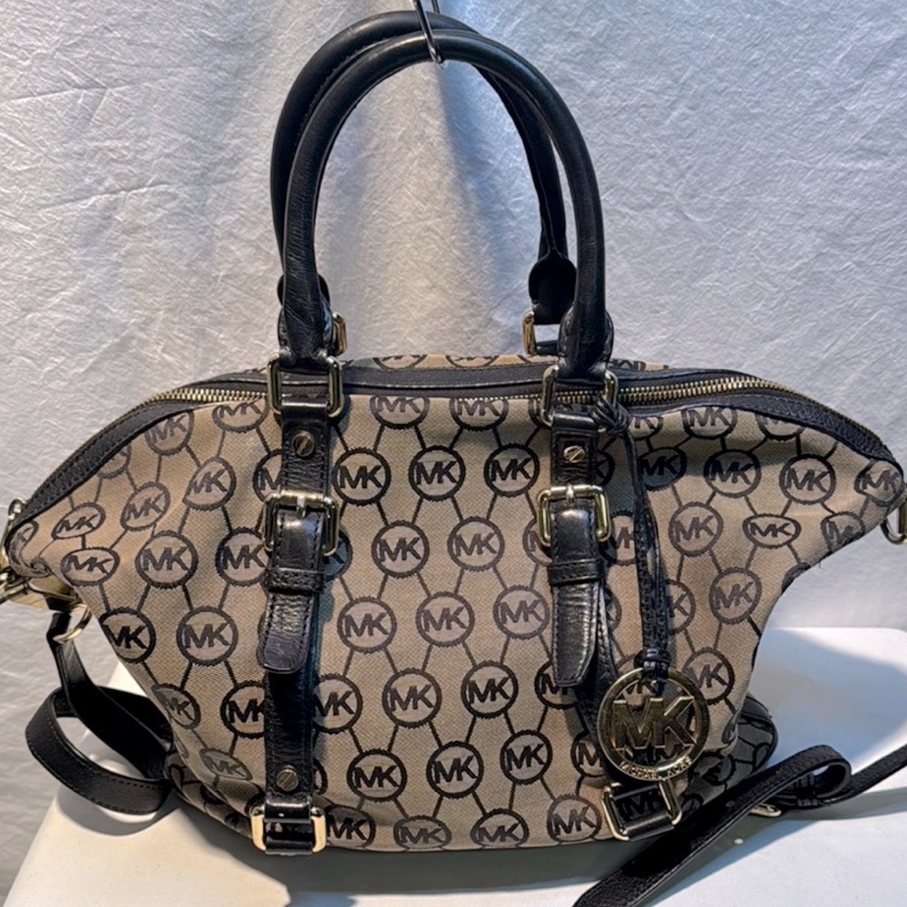 Michael Kors Brown and Black Satchel with Monogram Print